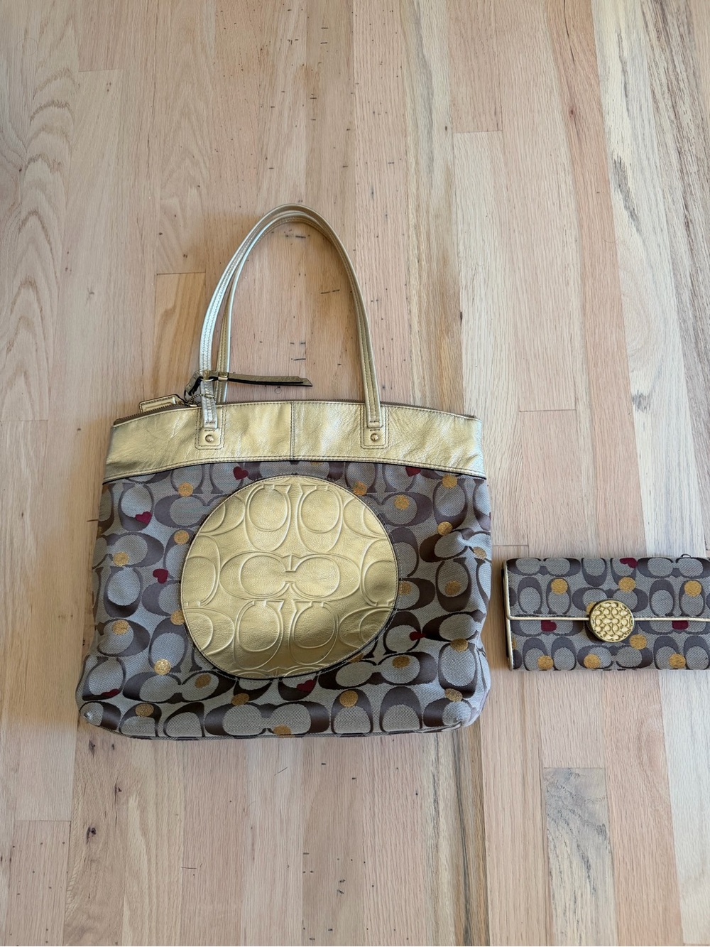 Coach Signature Tote and Wallet in Gray with Gold Accents